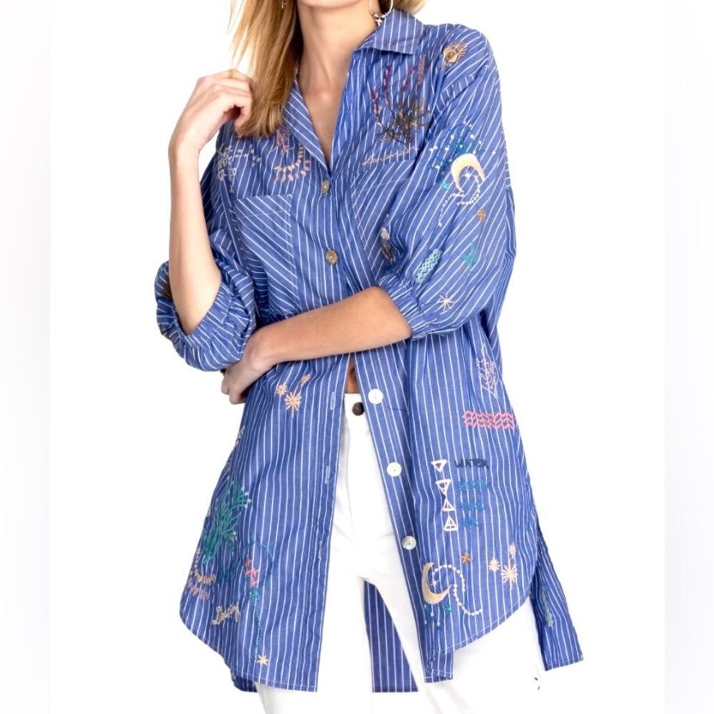 Johnny Was Embroidered Sezane Weekend Oversized Tunic Top Blue Stripes Size S